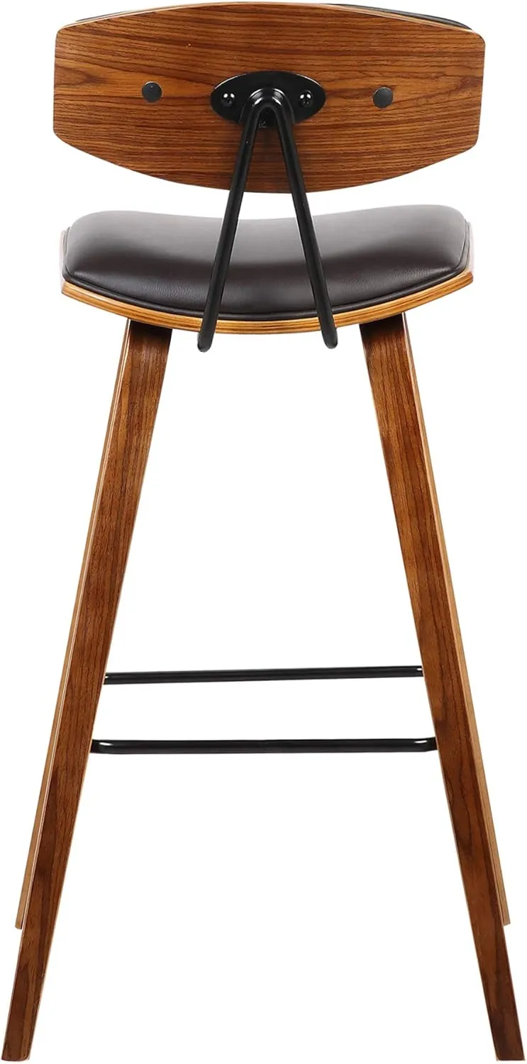 Armen Living Fox 25.5" Counter Height Brown Faux Leather and Walnut Wood Mid-Century Modern Bar Stool
