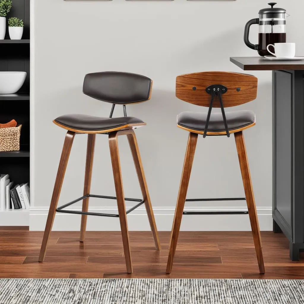 Armen Living Fox 25.5" Counter Height Brown Faux Leather and Walnut Wood Mid-Century Modern Bar Stool