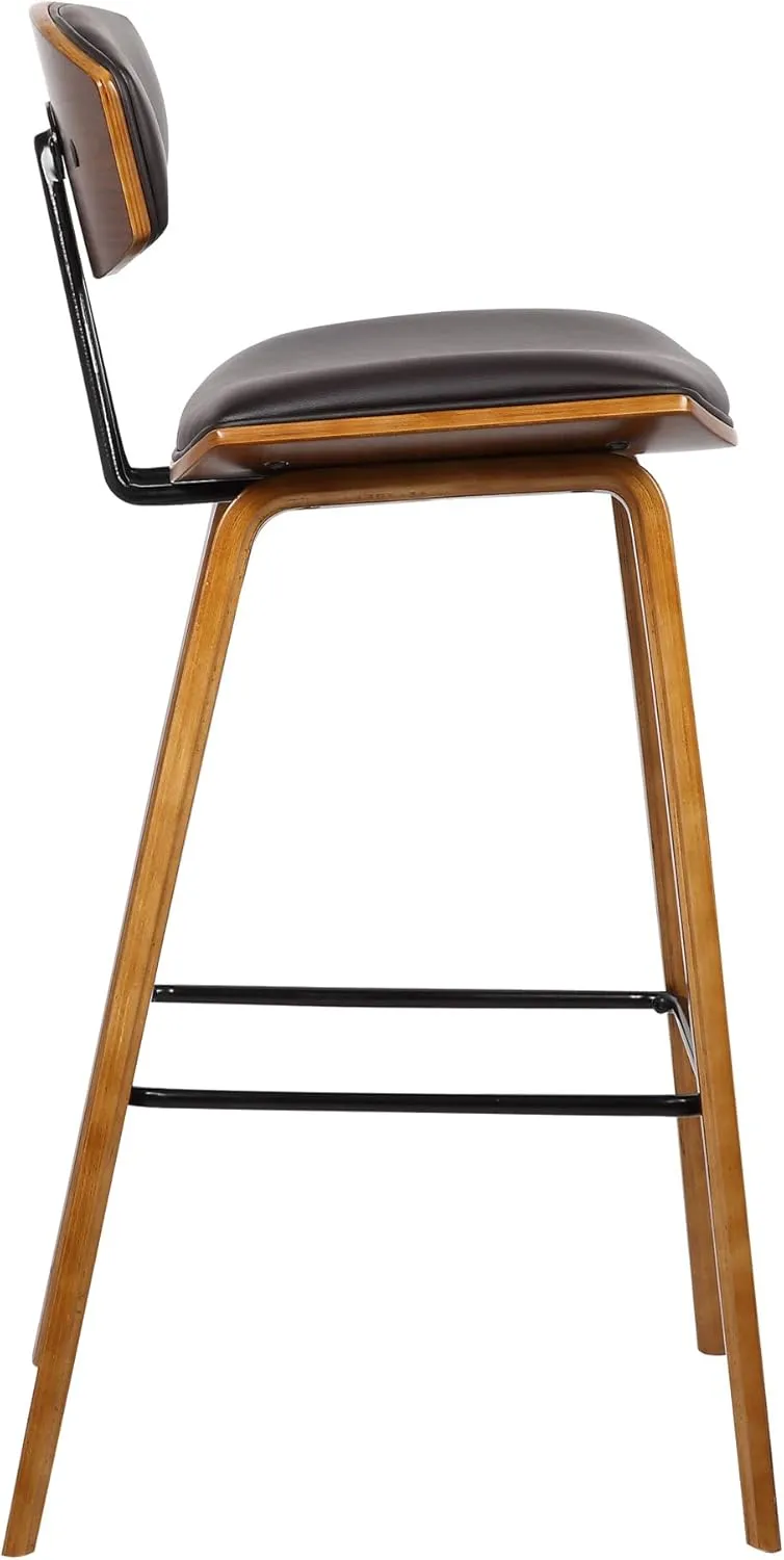 Armen Living Fox 25.5" Counter Height Brown Faux Leather and Walnut Wood Mid-Century Modern Bar Stool
