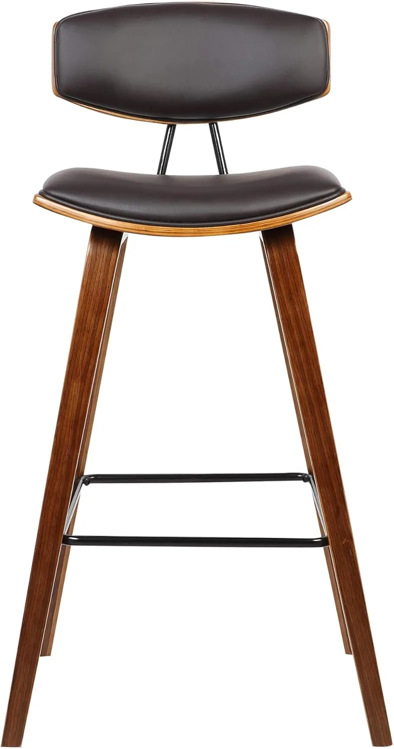 Armen Living Fox 25.5" Counter Height Brown Faux Leather and Walnut Wood Mid-Century Modern Bar Stool
