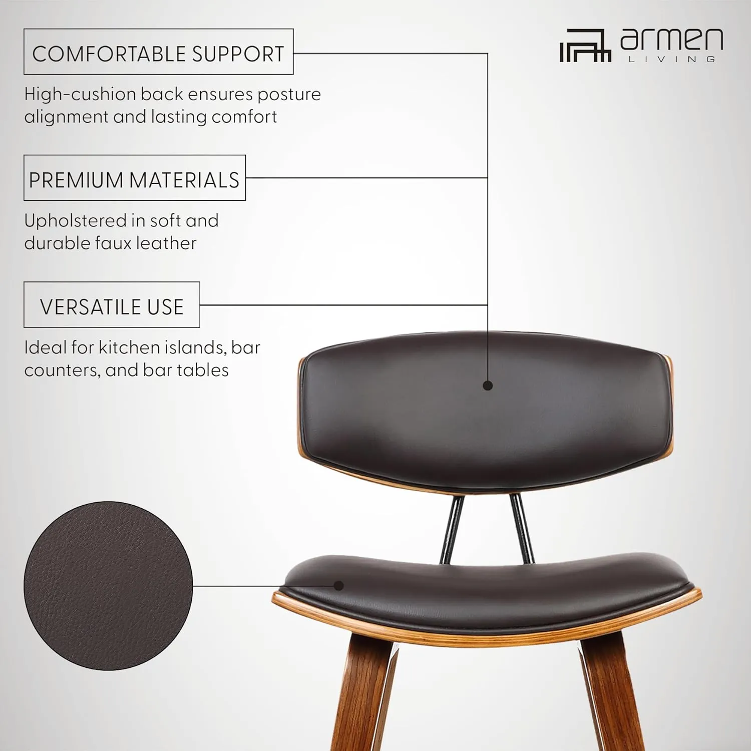 Armen Living Fox 25.5" Counter Height Brown Faux Leather and Walnut Wood Mid-Century Modern Bar Stool