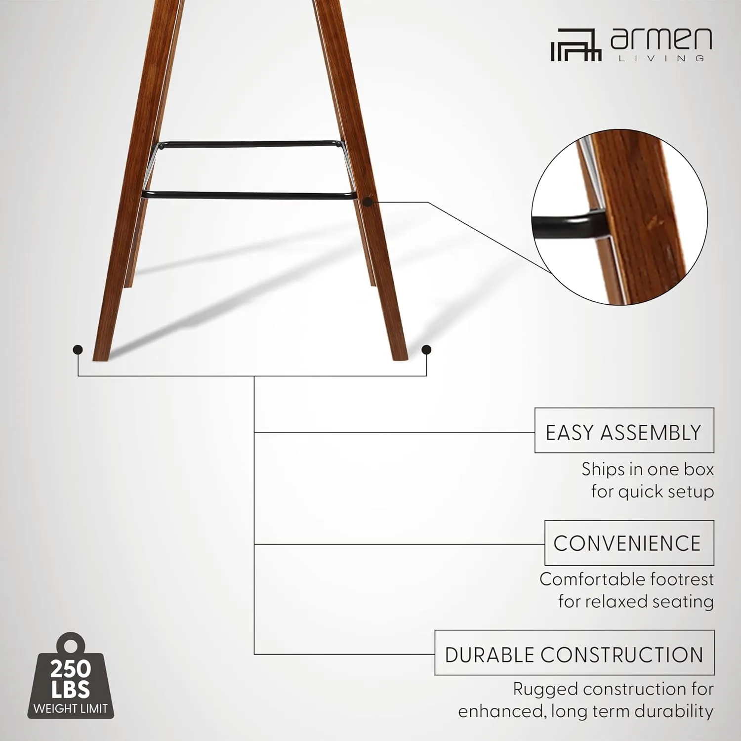 Armen Living Fox 25.5" Counter Height Brown Faux Leather and Walnut Wood Mid-Century Modern Bar Stool