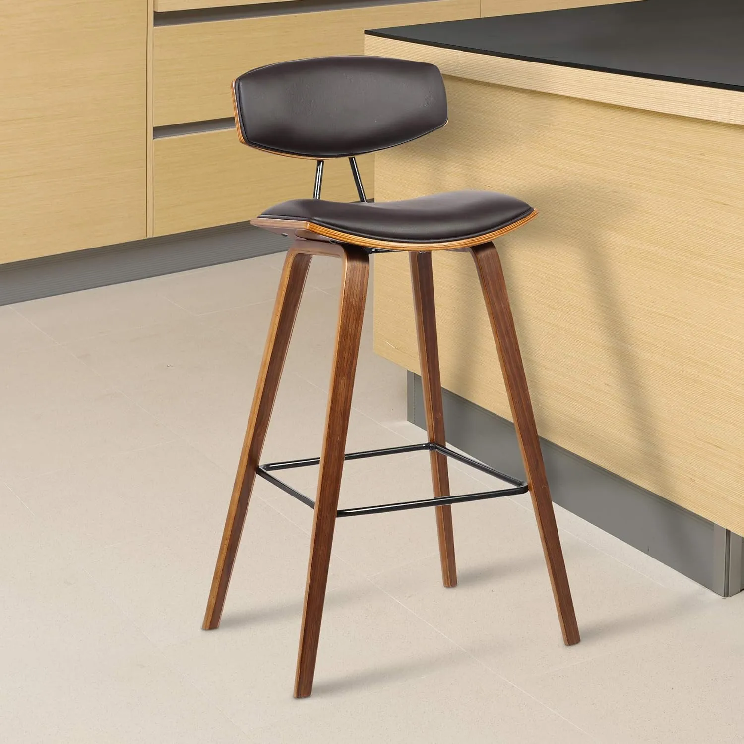 Armen Living Fox 25.5" Counter Height Brown Faux Leather and Walnut Wood Mid-Century Modern Bar Stool