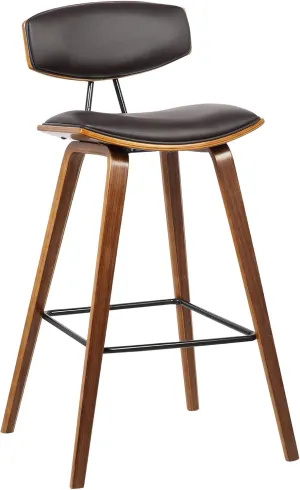 Armen Living Fox 25.5" Counter Height Brown Faux Leather and Walnut Wood Mid-Century Modern Bar Stool