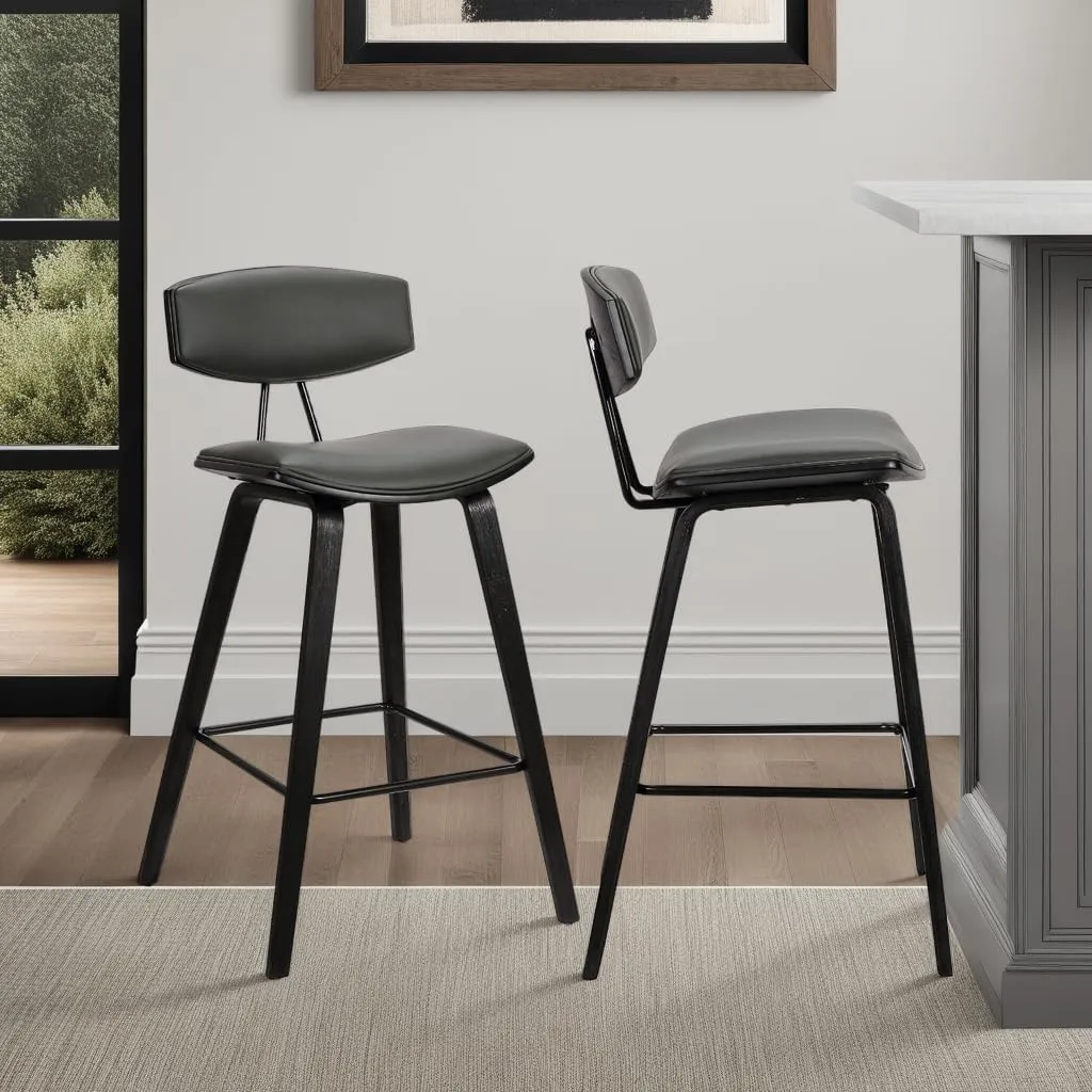 Armen Living Fox 25.5" Counter Height Grey Faux Leather and Black Wood Mid-Century Modern Bar Stool