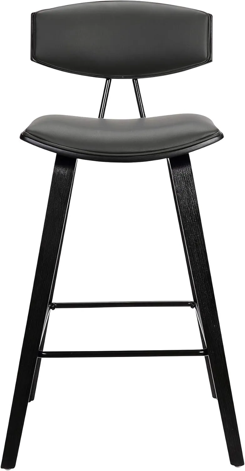 Armen Living Fox 25.5" Counter Height Grey Faux Leather and Black Wood Mid-Century Modern Bar Stool