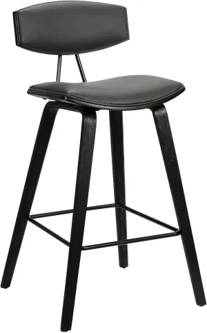 Armen Living Fox 25.5" Counter Height Grey Faux Leather and Black Wood Mid-Century Modern Bar Stool