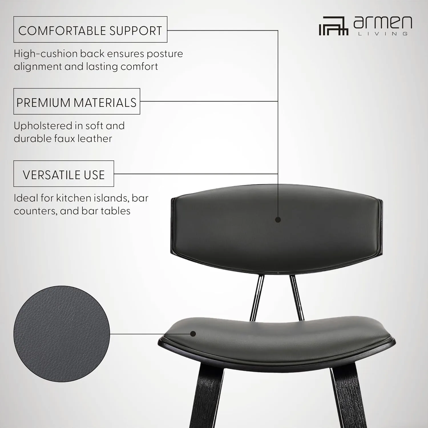 Armen Living Fox 25.5" Counter Height Grey Faux Leather and Black Wood Mid-Century Modern Bar Stool