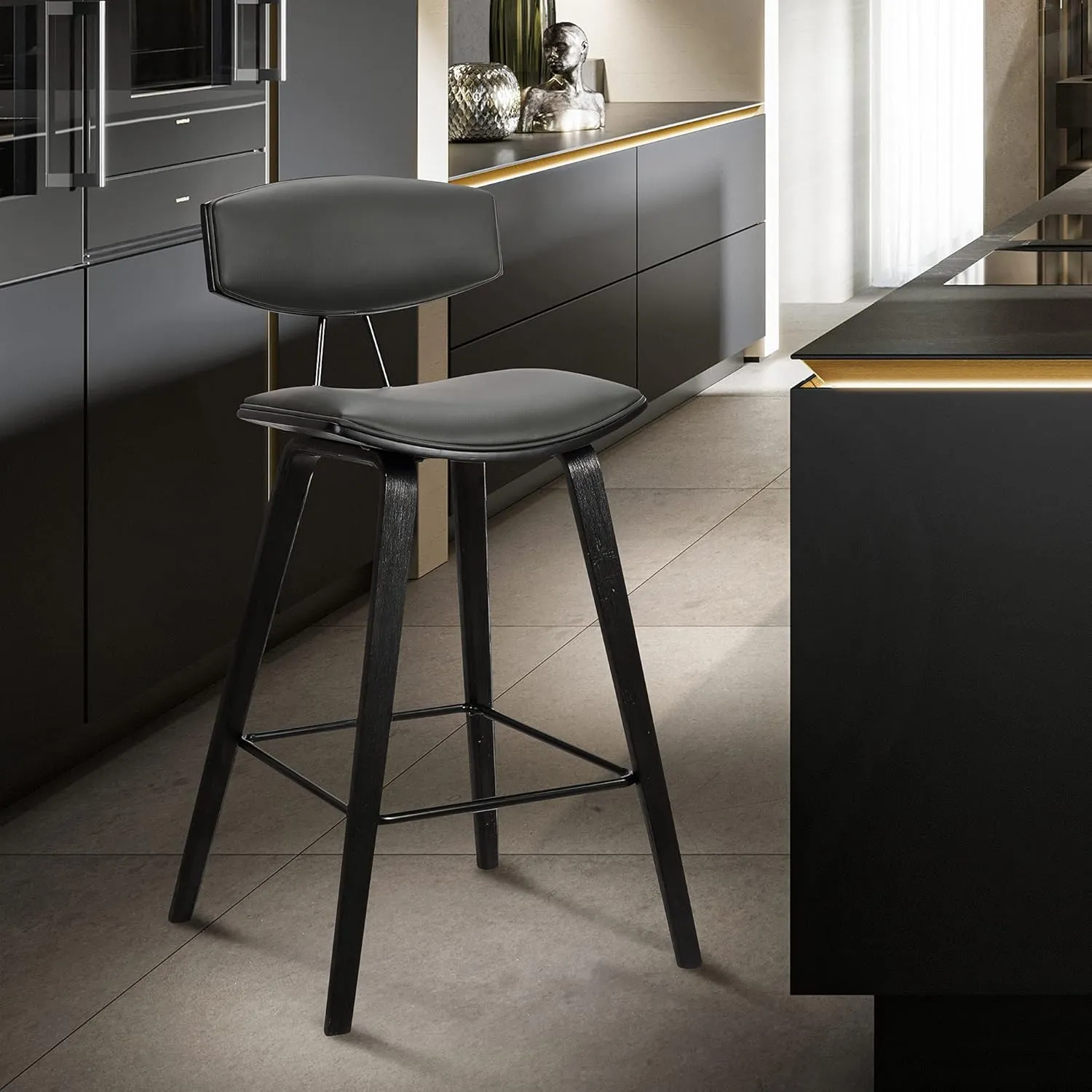 Armen Living Fox 25.5" Counter Height Grey Faux Leather and Black Wood Mid-Century Modern Bar Stool