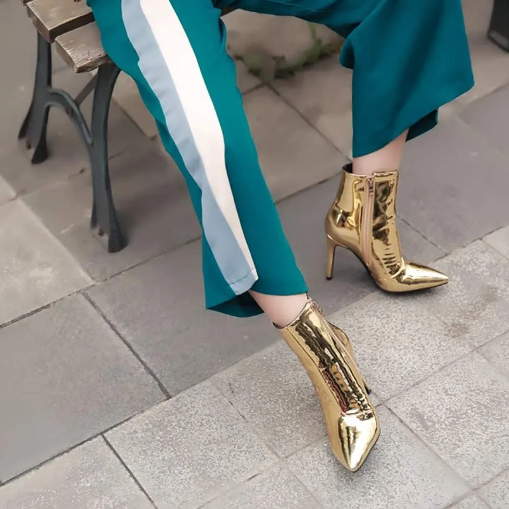 Arqa Metallic Ankle Boots for Women Stiletto Heel Mirror Leather Boot Pointed Toe Booties Side Zipper Shoes