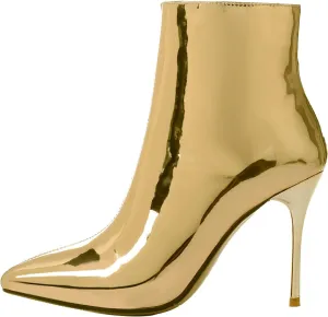 Arqa Metallic Ankle Boots for Women Stiletto Heel Mirror Leather Boot Pointed Toe Booties Side Zipper Shoes