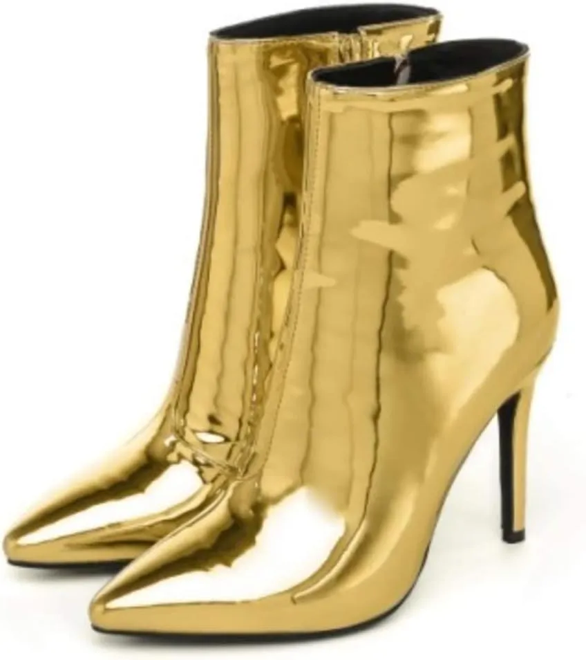 Arqa Metallic Ankle Boots for Women Stiletto Heel Mirror Leather Boot Pointed Toe Booties Side Zipper Shoes