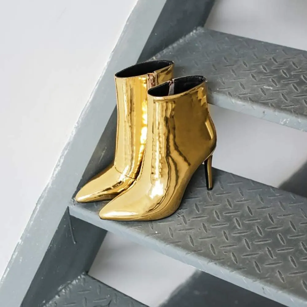 Arqa Metallic Ankle Boots for Women Stiletto Heel Mirror Leather Boot Pointed Toe Booties Side Zipper Shoes