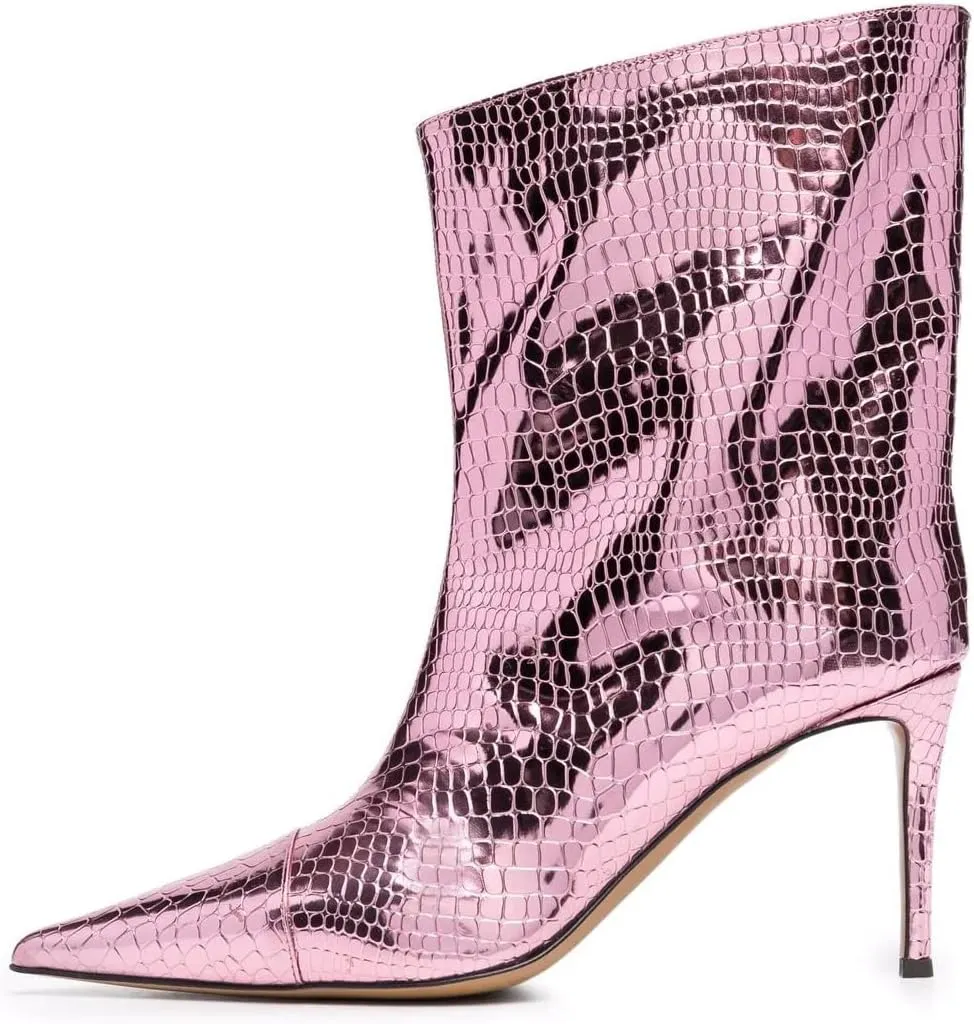 Arqa Women's Metallic Leather Boots, Pointed Toe Stiletto Heel Ankle Boot Wide Calf Fall Fashion Booties
