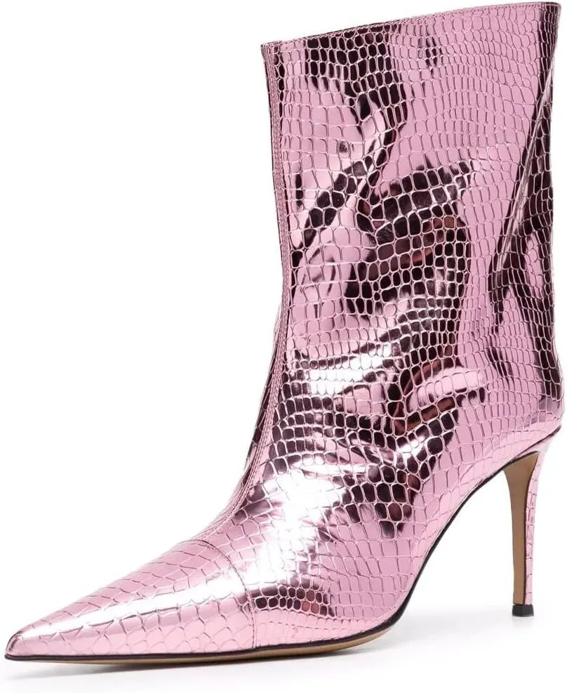 Arqa Women's Metallic Leather Boots, Pointed Toe Stiletto Heel Ankle Boot Wide Calf Fall Fashion Booties