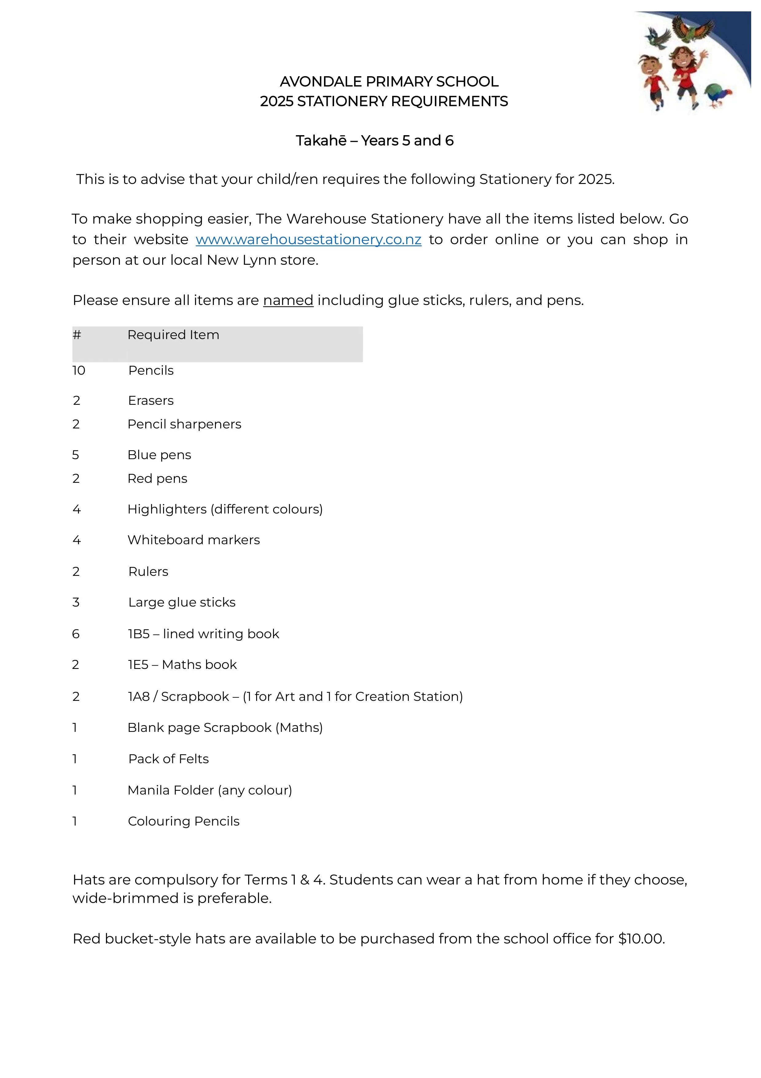 Avondale Primary School Stationery Pack 2025 Takahe Year 5 and 6