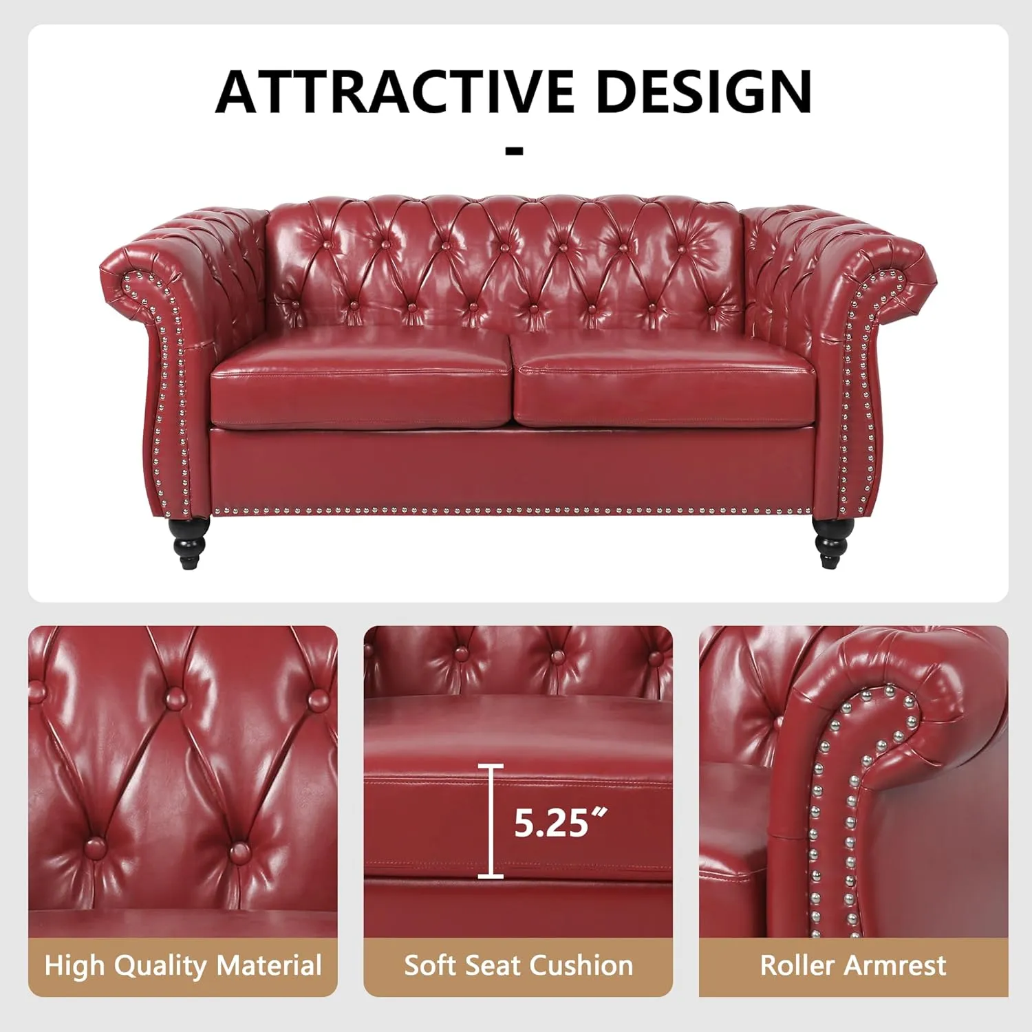 AVZEAR Chesterfield Loveseat Sofa, Upholstered Sofa Modern 2 Seater Couch Sofa Set Style Button Tufted, Mid-Century PU Chesterfield Sofa for Living Room Apartment, Claret