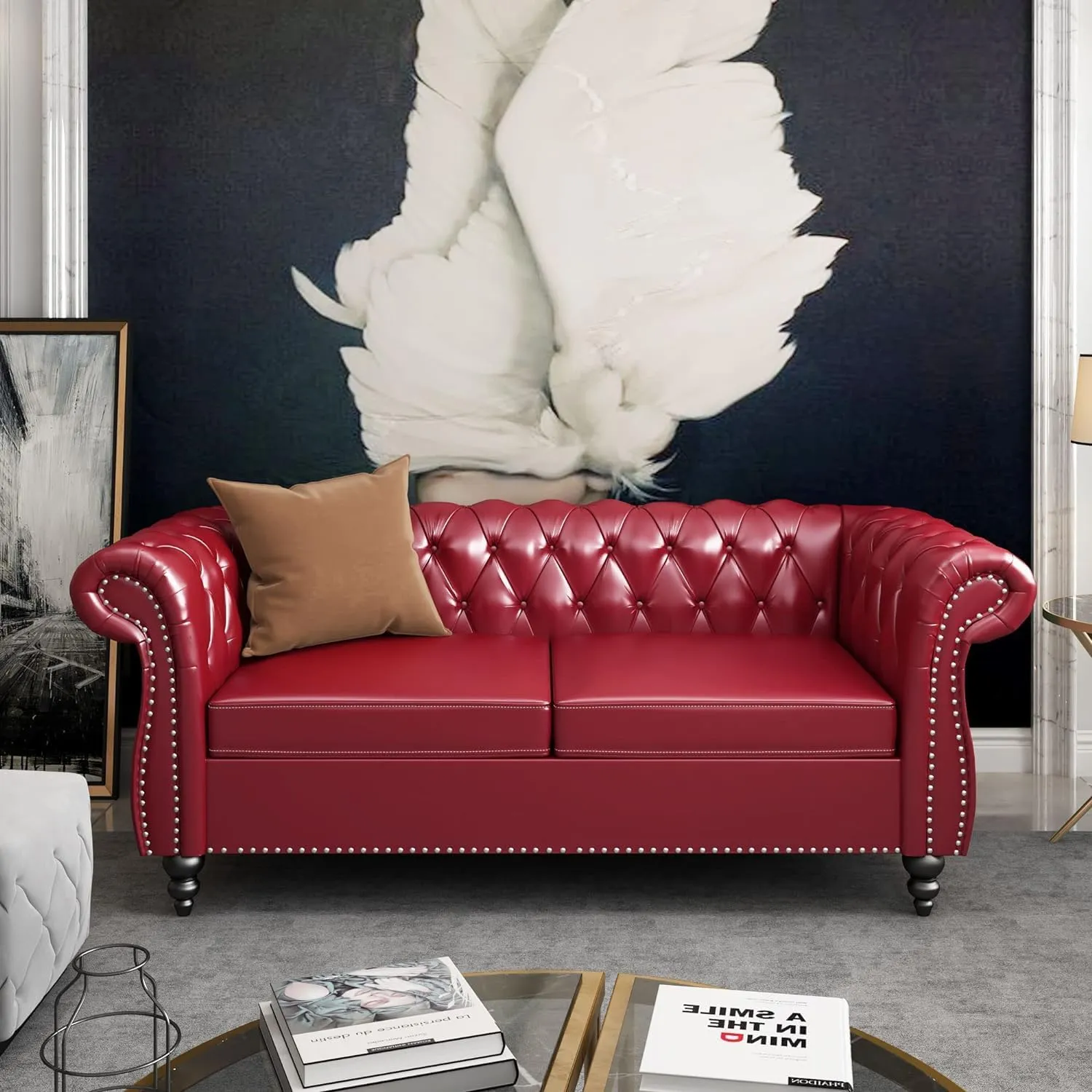 AVZEAR Chesterfield Loveseat Sofa, Upholstered Sofa Modern 2 Seater Couch Sofa Set Style Button Tufted, Mid-Century PU Chesterfield Sofa for Living Room Apartment, Claret