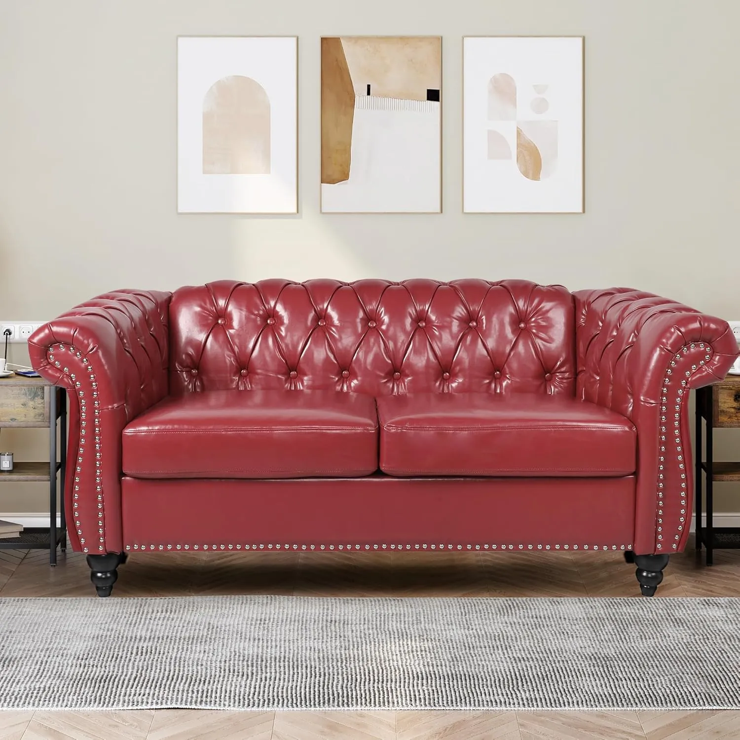 AVZEAR Chesterfield Loveseat Sofa, Upholstered Sofa Modern 2 Seater Couch Sofa Set Style Button Tufted, Mid-Century PU Chesterfield Sofa for Living Room Apartment, Claret