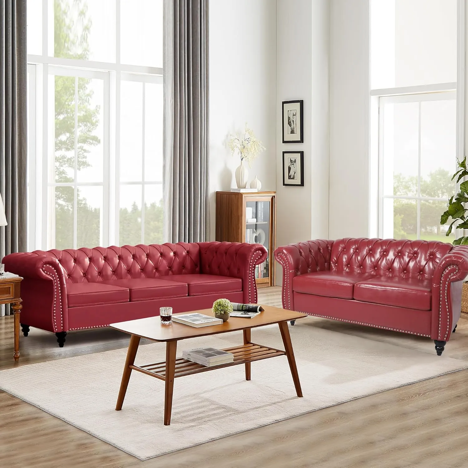 AVZEAR Chesterfield Loveseat Sofa, Upholstered Sofa Modern 2 Seater Couch Sofa Set Style Button Tufted, Mid-Century PU Chesterfield Sofa for Living Room Apartment, Claret