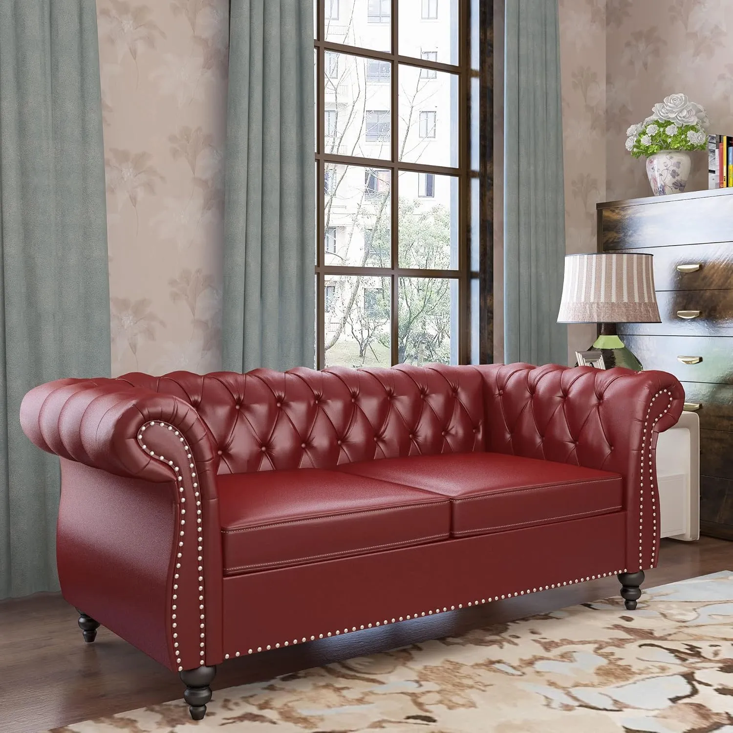 AVZEAR Chesterfield Loveseat Sofa, Upholstered Sofa Modern 2 Seater Couch Sofa Set Style Button Tufted, Mid-Century PU Chesterfield Sofa for Living Room Apartment, Claret