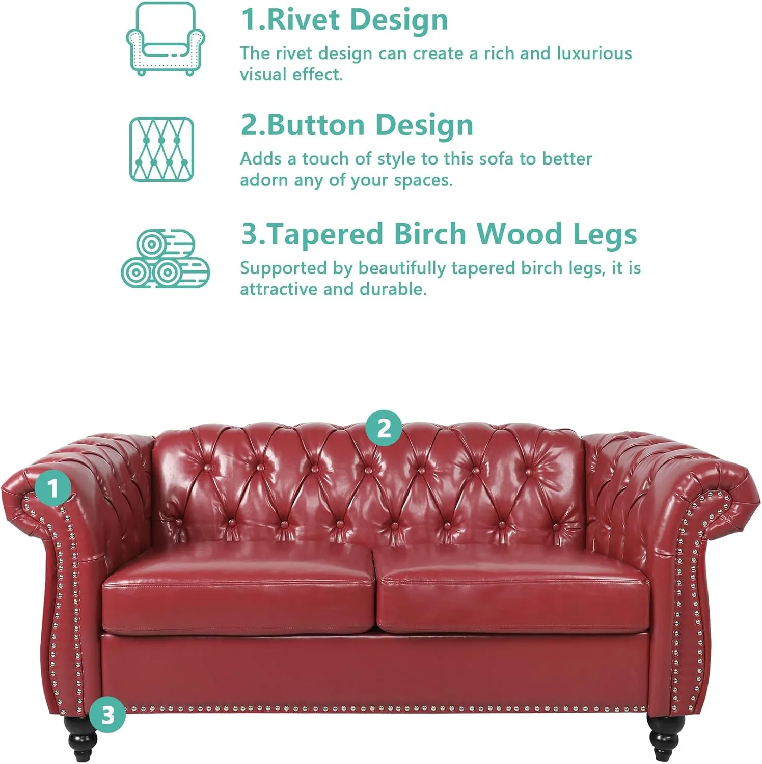 AVZEAR Chesterfield Loveseat Sofa, Upholstered Sofa Modern 2 Seater Couch Sofa Set Style Button Tufted, Mid-Century PU Chesterfield Sofa for Living Room Apartment, Claret