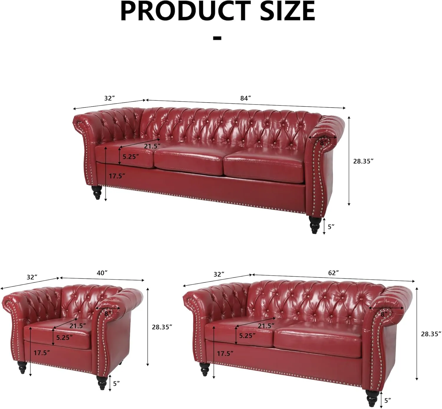 AVZEAR Chesterfield Loveseat Sofa, Upholstered Sofa Modern 2 Seater Couch Sofa Set Style Button Tufted, Mid-Century PU Chesterfield Sofa for Living Room Apartment, Claret