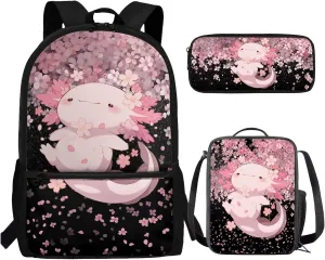 Axolotl Backpack and Lunch Box Set Cherry Blossom Primary School Bookbags for 5th Grade Girls 10-12/8-10/6-8 with Lunch Bag Pencil Case 3 in 1 Book Bags Kids Elementary Student Back Pack