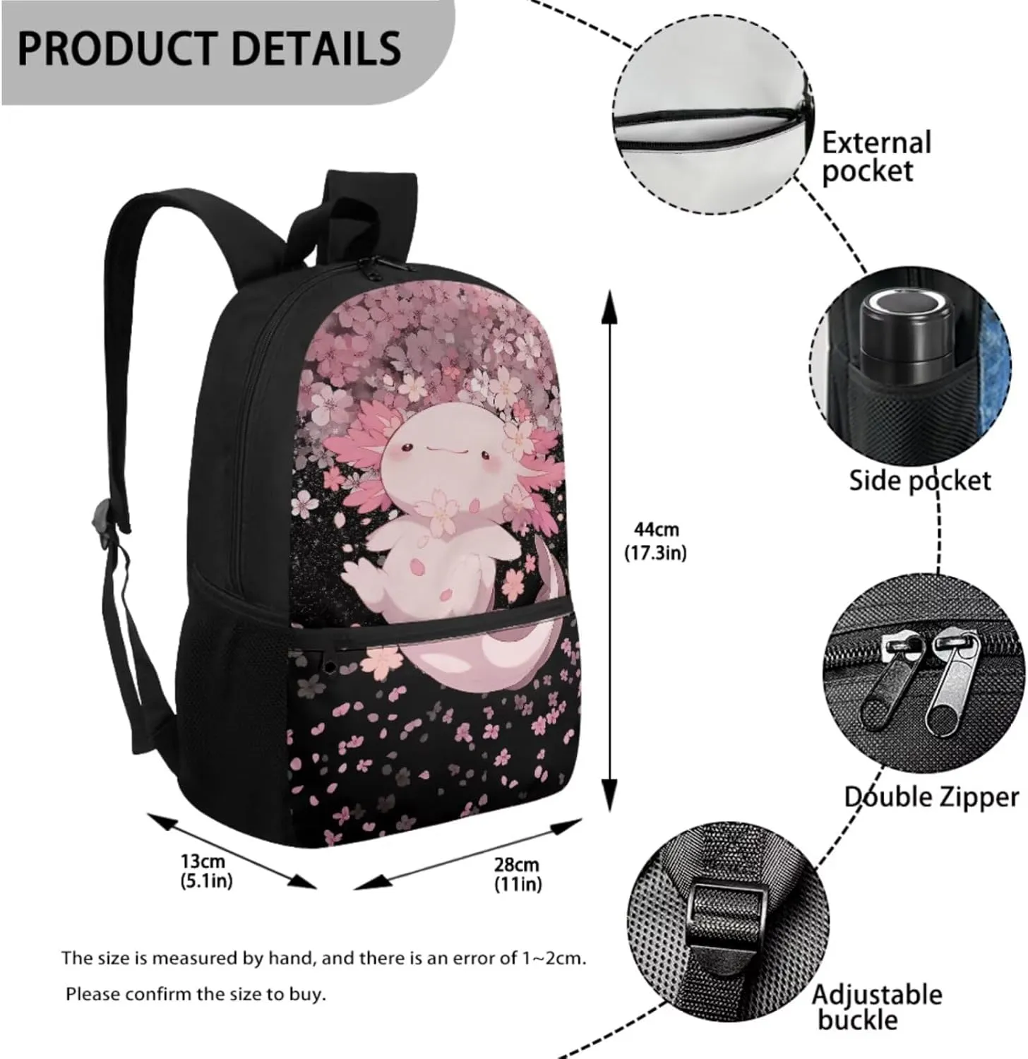 Axolotl Backpack and Lunch Box Set Cherry Blossom Primary School Bookbags for 5th Grade Girls 10-12/8-10/6-8 with Lunch Bag Pencil Case 3 in 1 Book Bags Kids Elementary Student Back Pack