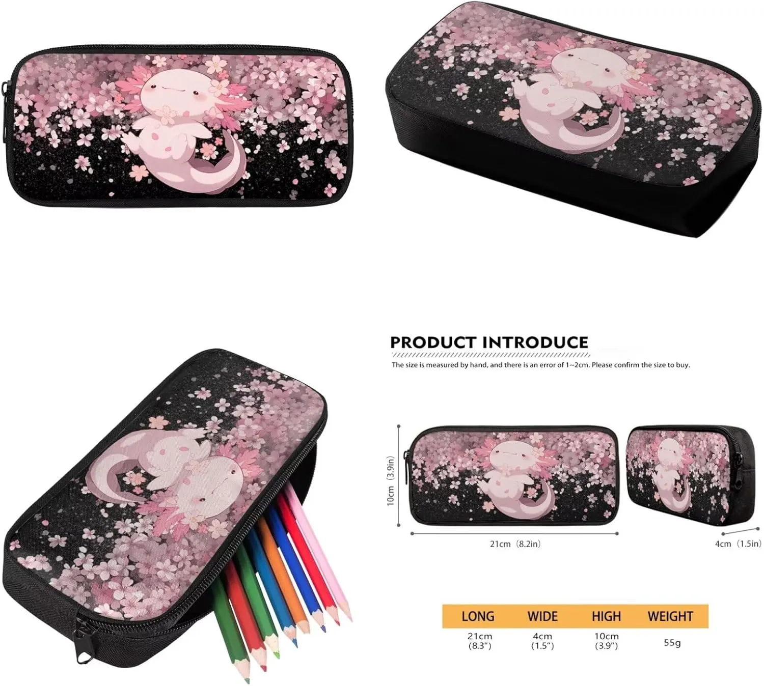 Axolotl Backpack and Lunch Box Set Cherry Blossom Primary School Bookbags for 5th Grade Girls 10-12/8-10/6-8 with Lunch Bag Pencil Case 3 in 1 Book Bags Kids Elementary Student Back Pack