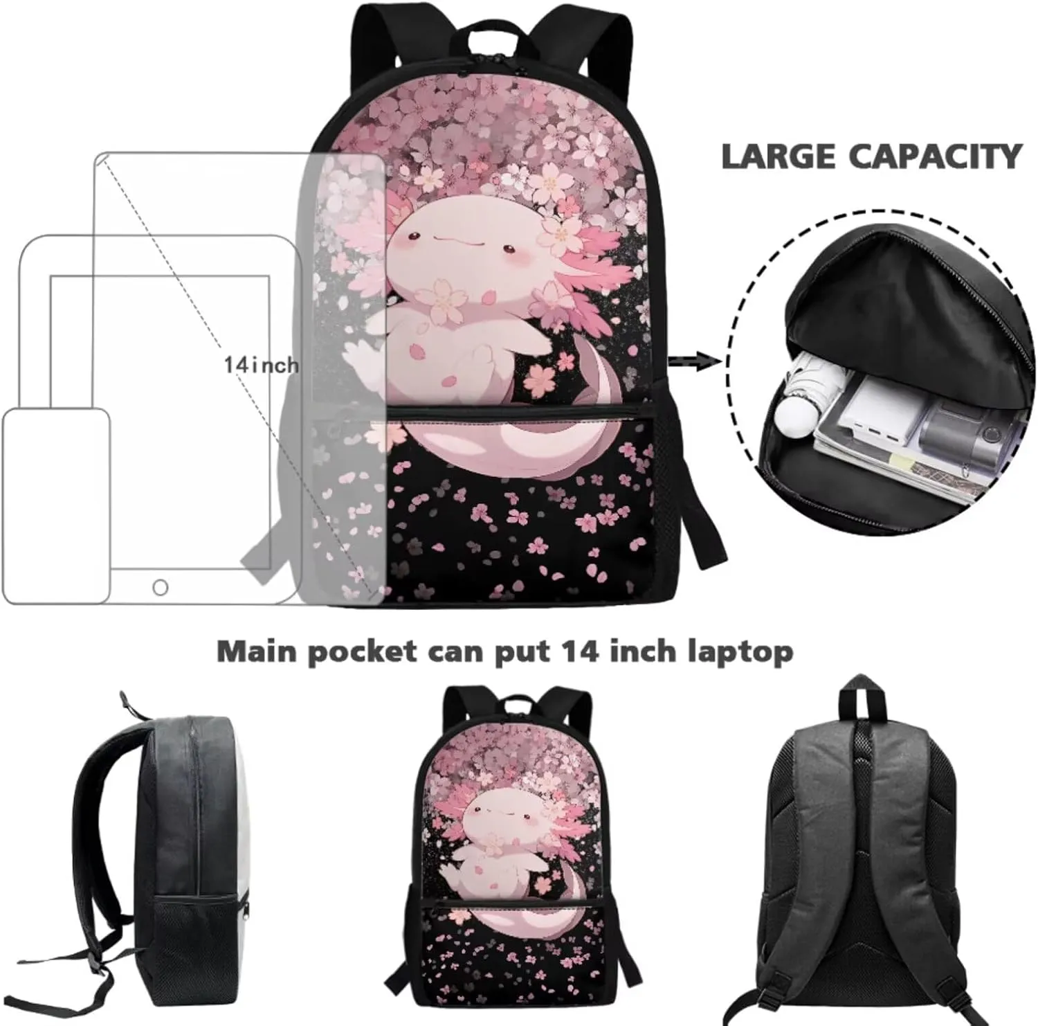 Axolotl Backpack and Lunch Box Set Cherry Blossom Primary School Bookbags for 5th Grade Girls 10-12/8-10/6-8 with Lunch Bag Pencil Case 3 in 1 Book Bags Kids Elementary Student Back Pack