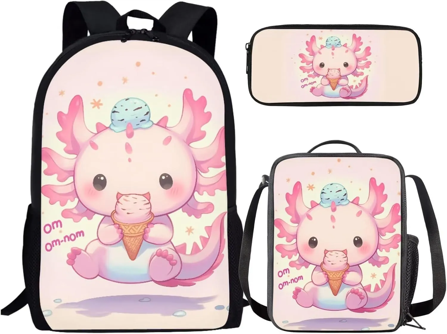 Axolotl Backpack and Lunchbox for Girls 3-5/6-8/8-10 Ice Cream Kids Bookbags for 1st Grade Preppy Preschool Back Pack with Lunch Box Set 3 in 1 Elementary Schoolbag Lunch Bag Pencil Case