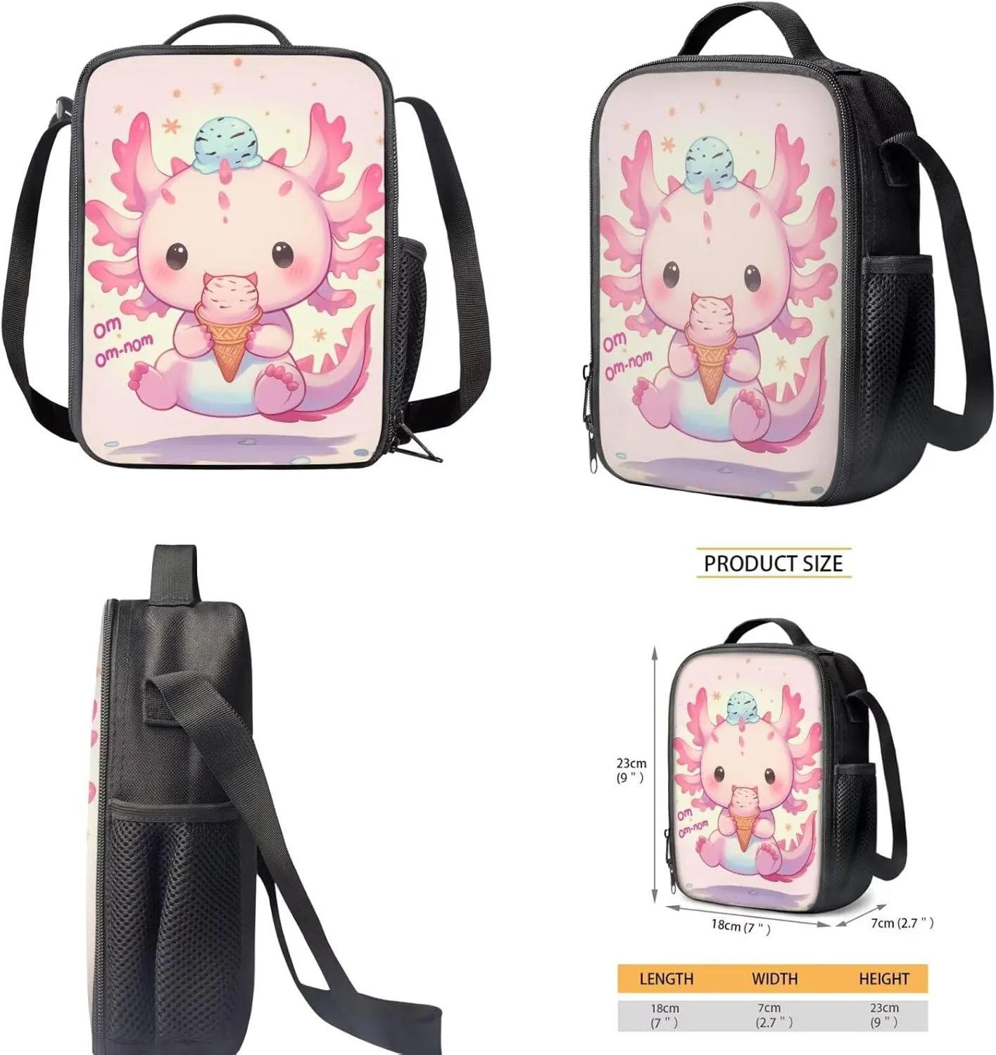 Axolotl Backpack and Lunchbox for Girls 3-5/6-8/8-10 Ice Cream Kids Bookbags for 1st Grade Preppy Preschool Back Pack with Lunch Box Set 3 in 1 Elementary Schoolbag Lunch Bag Pencil Case