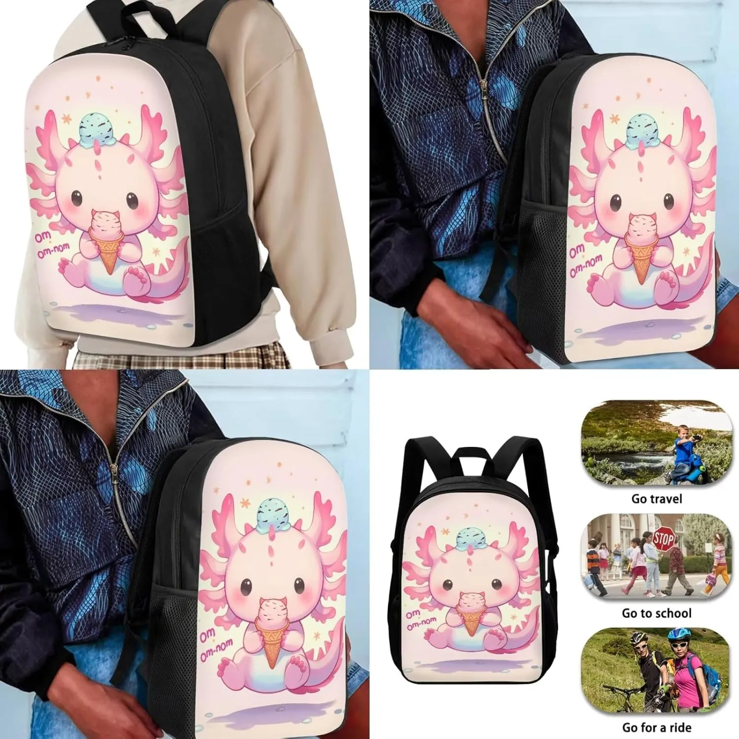 Axolotl Backpack and Lunchbox for Girls 3-5/6-8/8-10 Ice Cream Kids Bookbags for 1st Grade Preppy Preschool Back Pack with Lunch Box Set 3 in 1 Elementary Schoolbag Lunch Bag Pencil Case