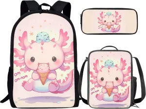 Axolotl Backpack and Lunchbox for Girls 3-5/6-8/8-10 Ice Cream Kids Bookbags for 1st Grade Preppy Preschool Back Pack with Lunch Box Set 3 in 1 Elementary Schoolbag Lunch Bag Pencil Case