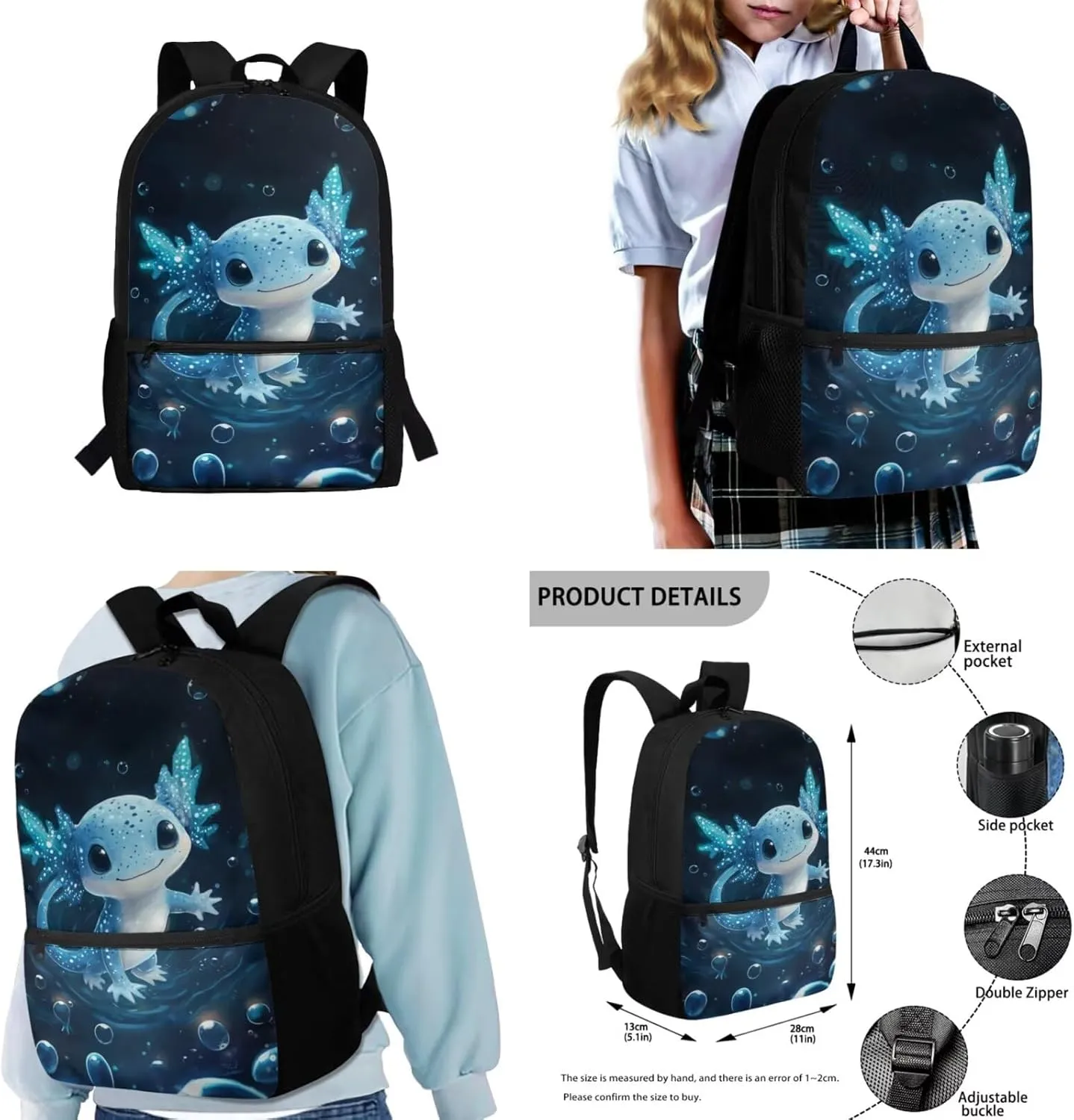 Axolotl Backpack with Lunchbox Polyester Kids School Bags for Boys 4 To 6 Versatile Bookbag Set for Primary School Travel Daypack Book Bag