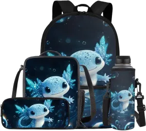 Axolotl Backpack with Lunchbox Polyester Kids School Bags for Boys 4 To 6 Versatile Bookbag Set for Primary School Travel Daypack Book Bag