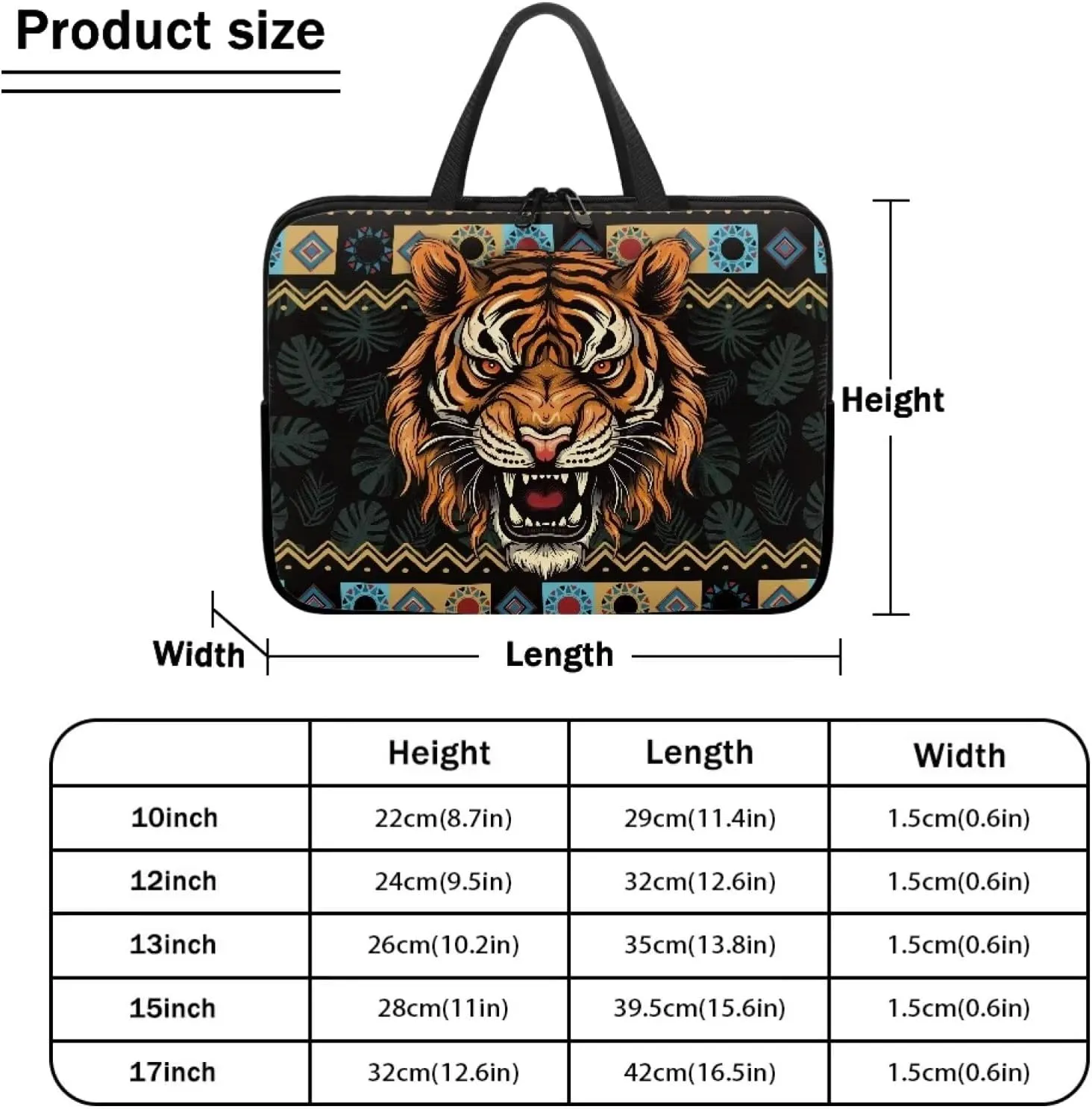 Aztec Tiger Palm Tree Print Laptop Sleeve Case with Handle Computer Cover Compatible with 10-17 Inch Tablet for Women Men 360° Protective Carrying Bag Briefcase, 12inch
