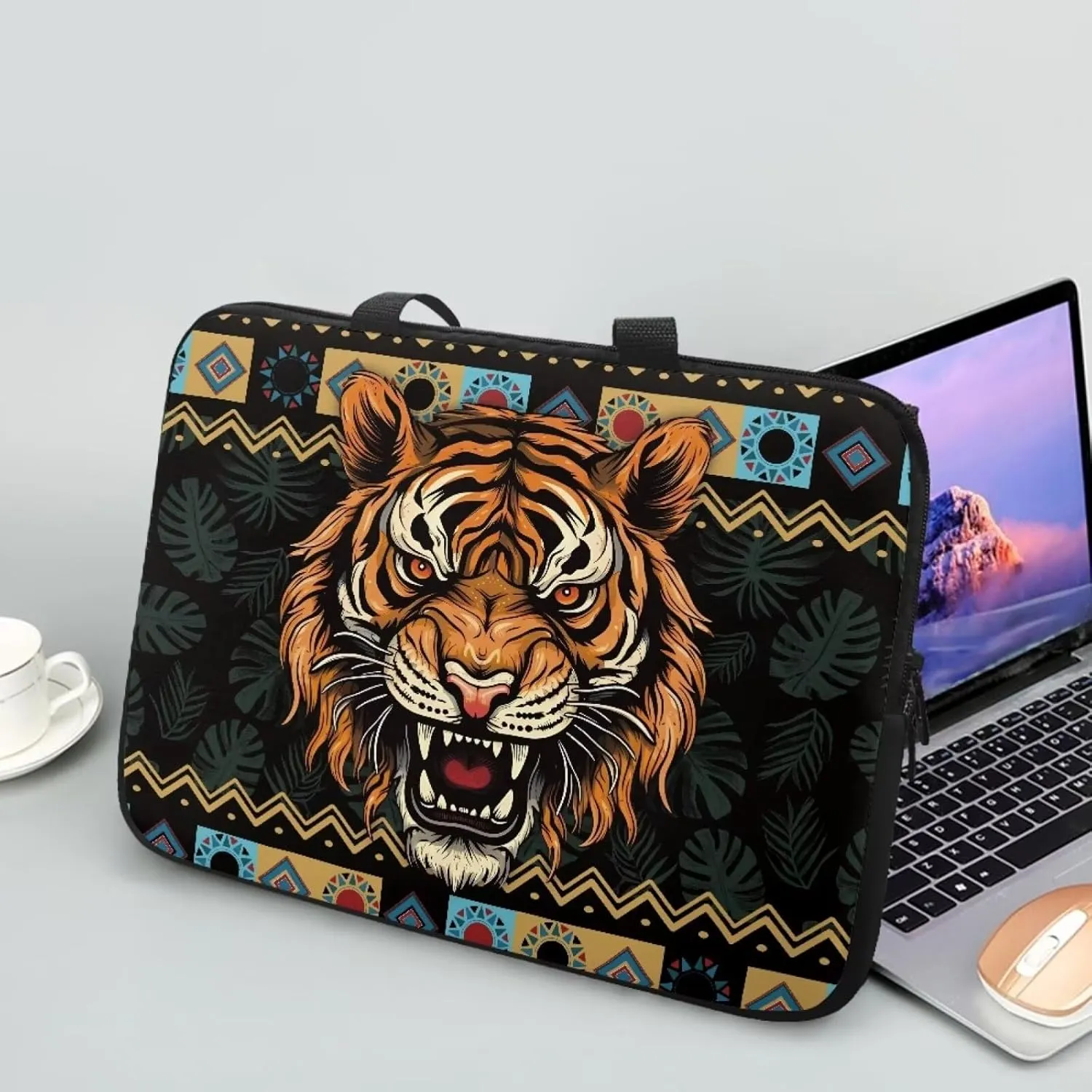 Aztec Tiger Palm Tree Print Laptop Sleeve Case with Handle Computer Cover Compatible with 10-17 Inch Tablet for Women Men 360° Protective Carrying Bag Briefcase, 12inch