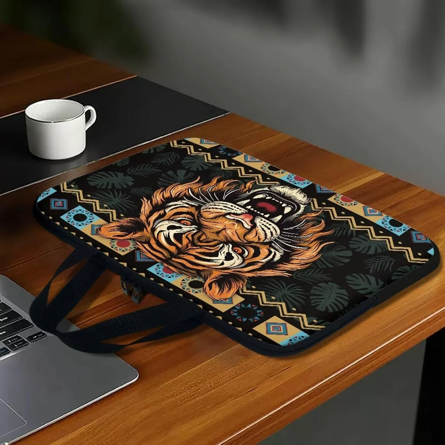 Aztec Tiger Palm Tree Print Laptop Sleeve Case with Handle Computer Cover Compatible with 10-17 Inch Tablet for Women Men 360° Protective Carrying Bag Briefcase, 12inch