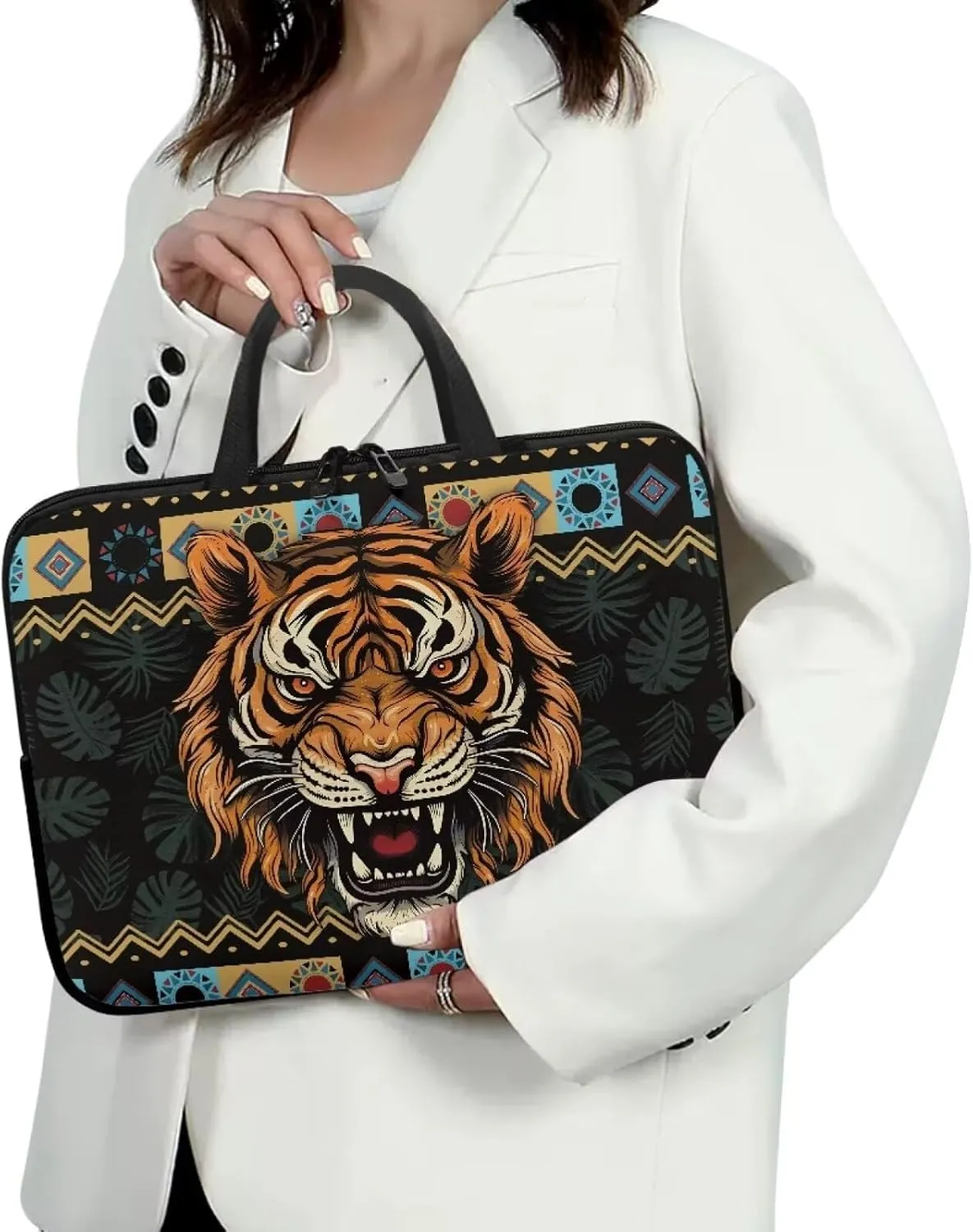 Aztec Tiger Palm Tree Print Laptop Sleeve Case with Handle Computer Cover Compatible with 10-17 Inch Tablet for Women Men 360° Protective Carrying Bag Briefcase, 12inch