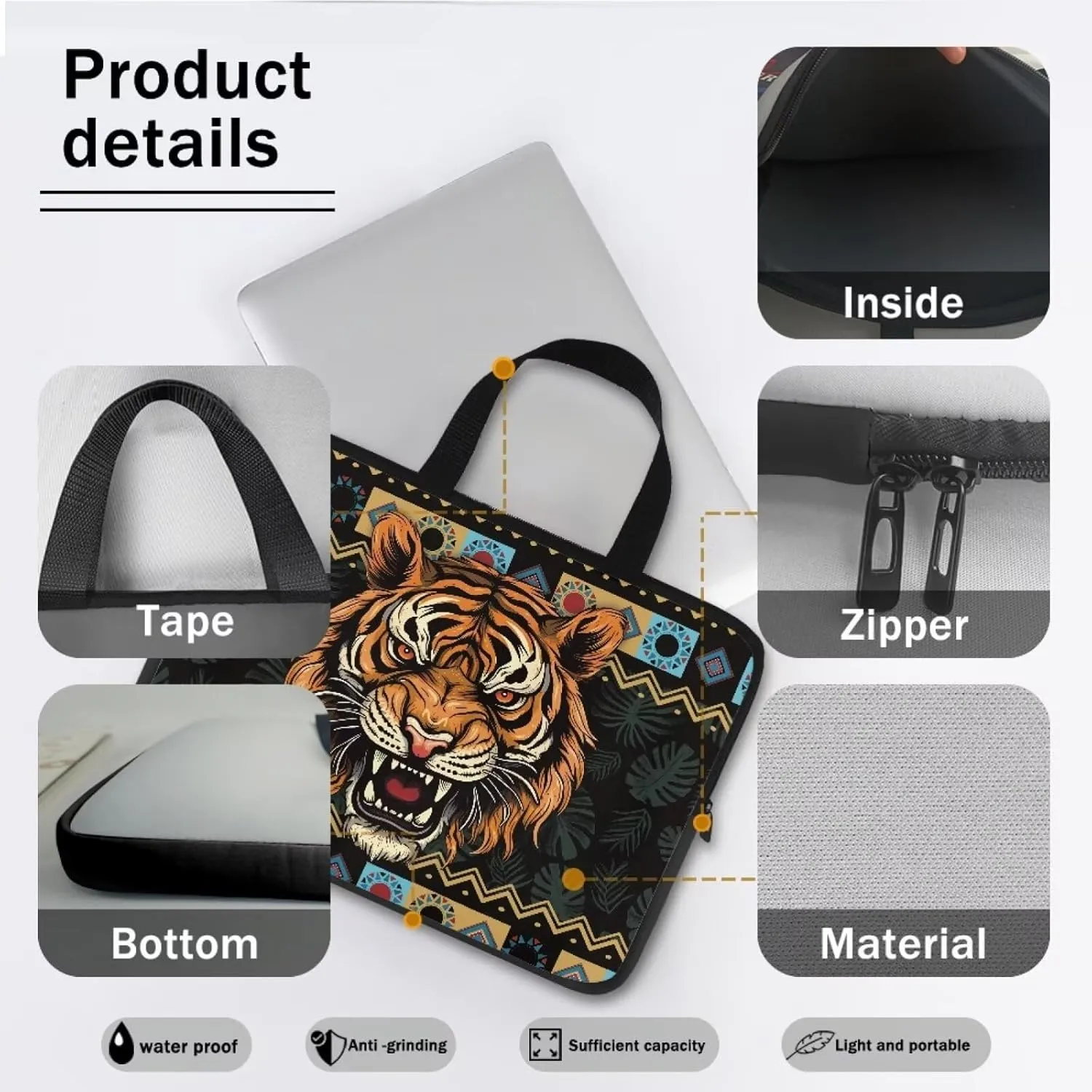 Aztec Tiger Palm Tree Print Laptop Sleeve Case with Handle Computer Cover Compatible with 10-17 Inch Tablet for Women Men 360° Protective Carrying Bag Briefcase, 12inch