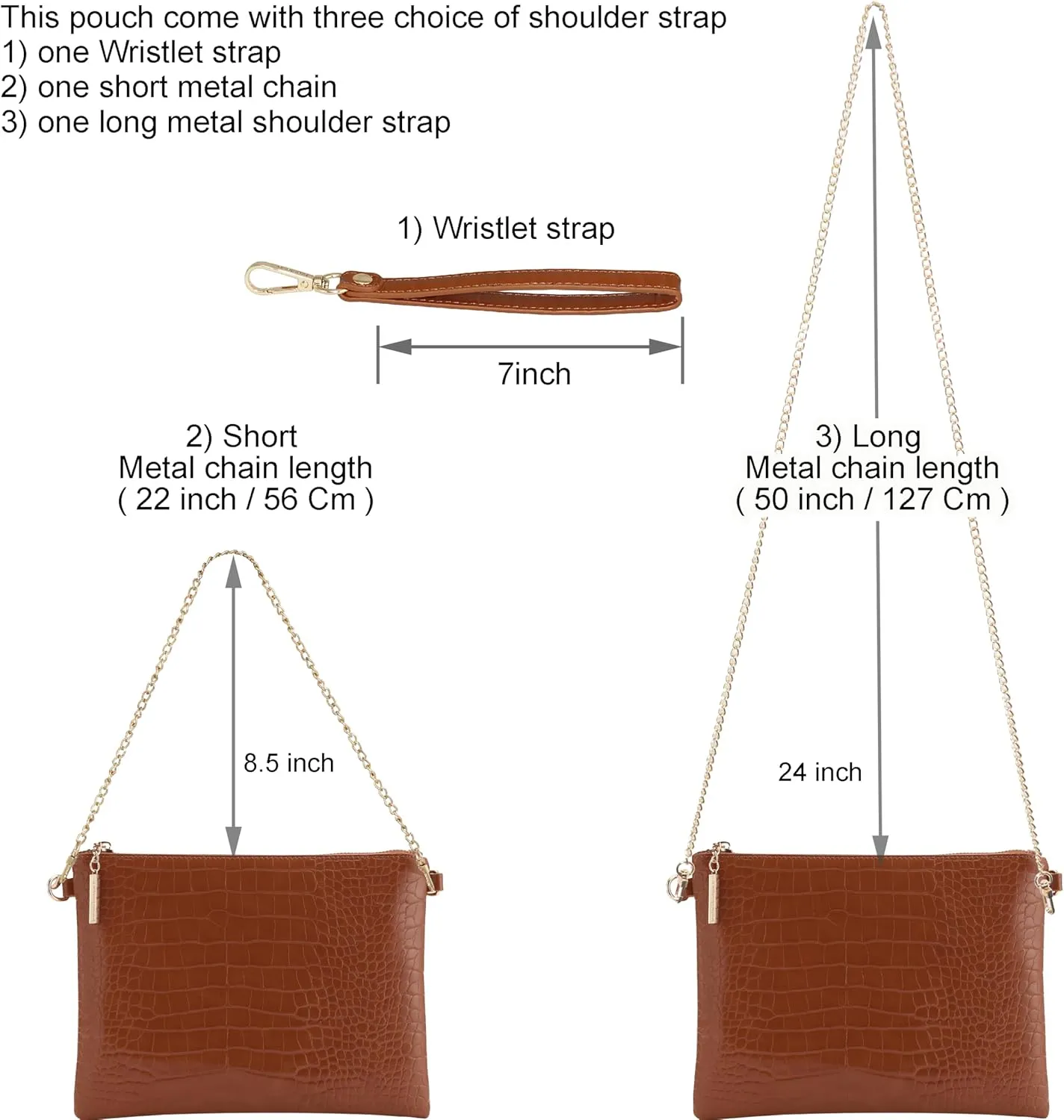 B BRENTANO Vegan Clutch Bag Pouch with removable wristlet and two size metal chain