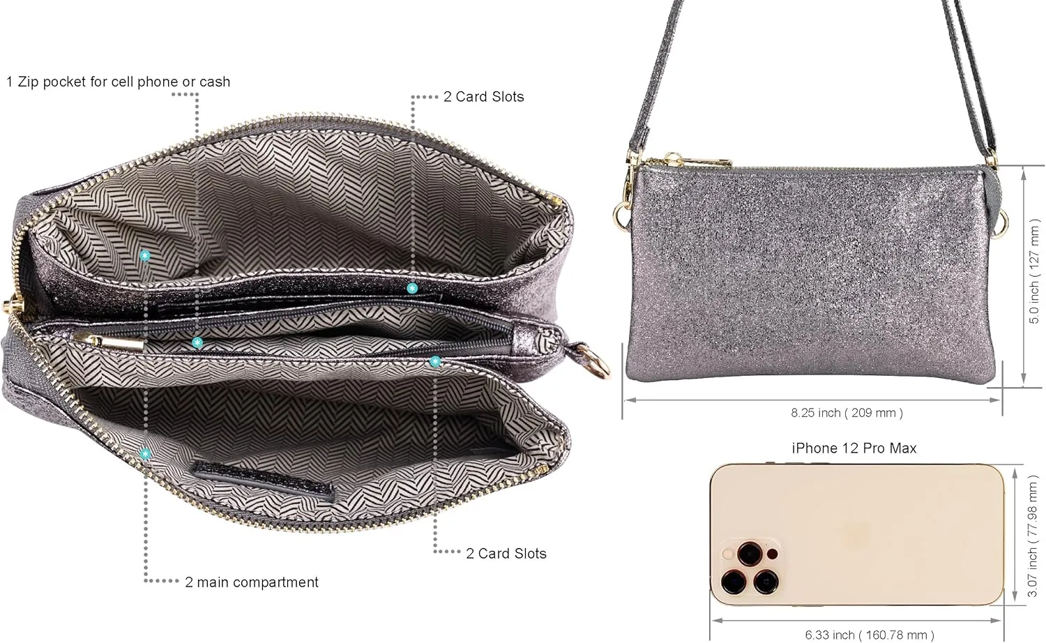 B BRENTANO Vegan Leather Multi-Pocket Crossbody Purse/Clutch with Card Slots, Removable Wristlet & Adjustable Shoulder Strap