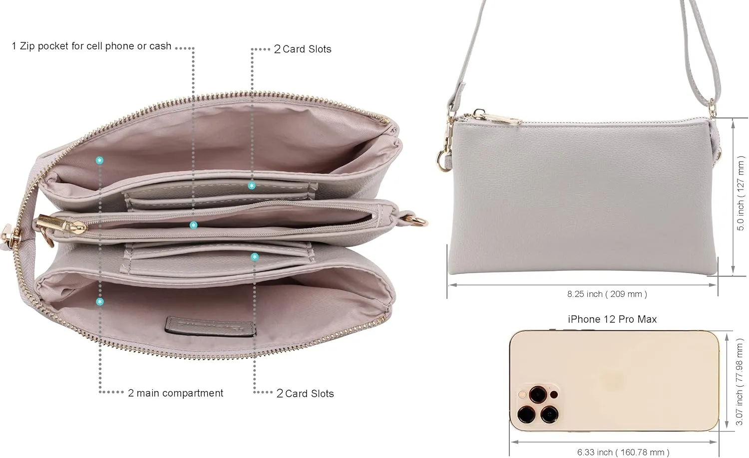 B BRENTANO Vegan Leather Multi-Pocket Crossbody Purse/Clutch with Card Slots, Removable Wristlet & Adjustable Shoulder Strap