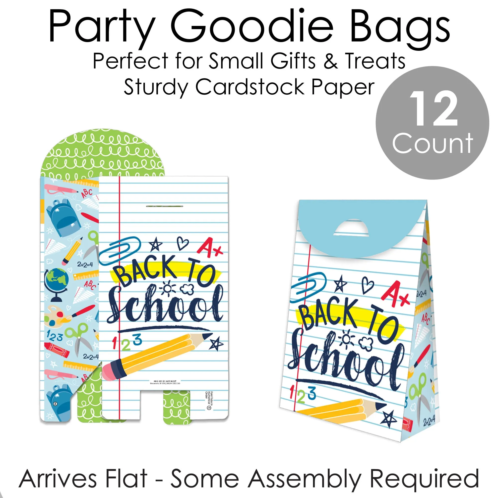 Back to School - First Day of School Classroom Gift Favor Bags - Party Goodie Boxes - Set of 12