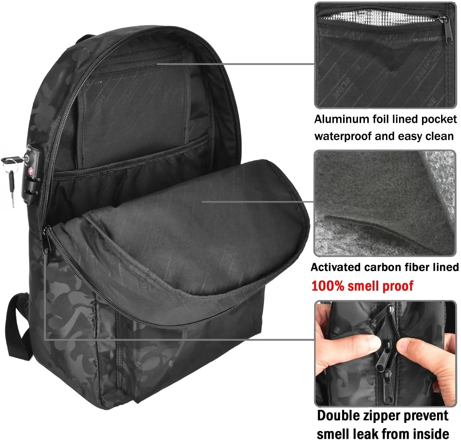 Backpack Bag With Lock - Activated Carbon Fiber Lining - Water Resistant,Anti Theft Laptop Daypack for Men & Women Travel (Camo Burgandy)