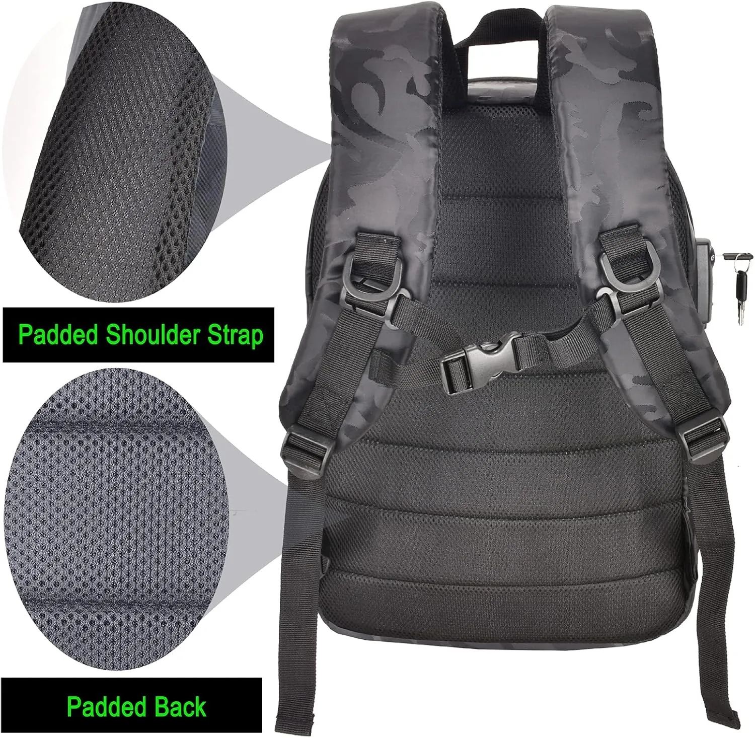 Backpack Bag With Lock - Activated Carbon Fiber Lining - Water Resistant,Anti Theft Laptop Daypack for Men & Women Travel (Camo Burgandy)