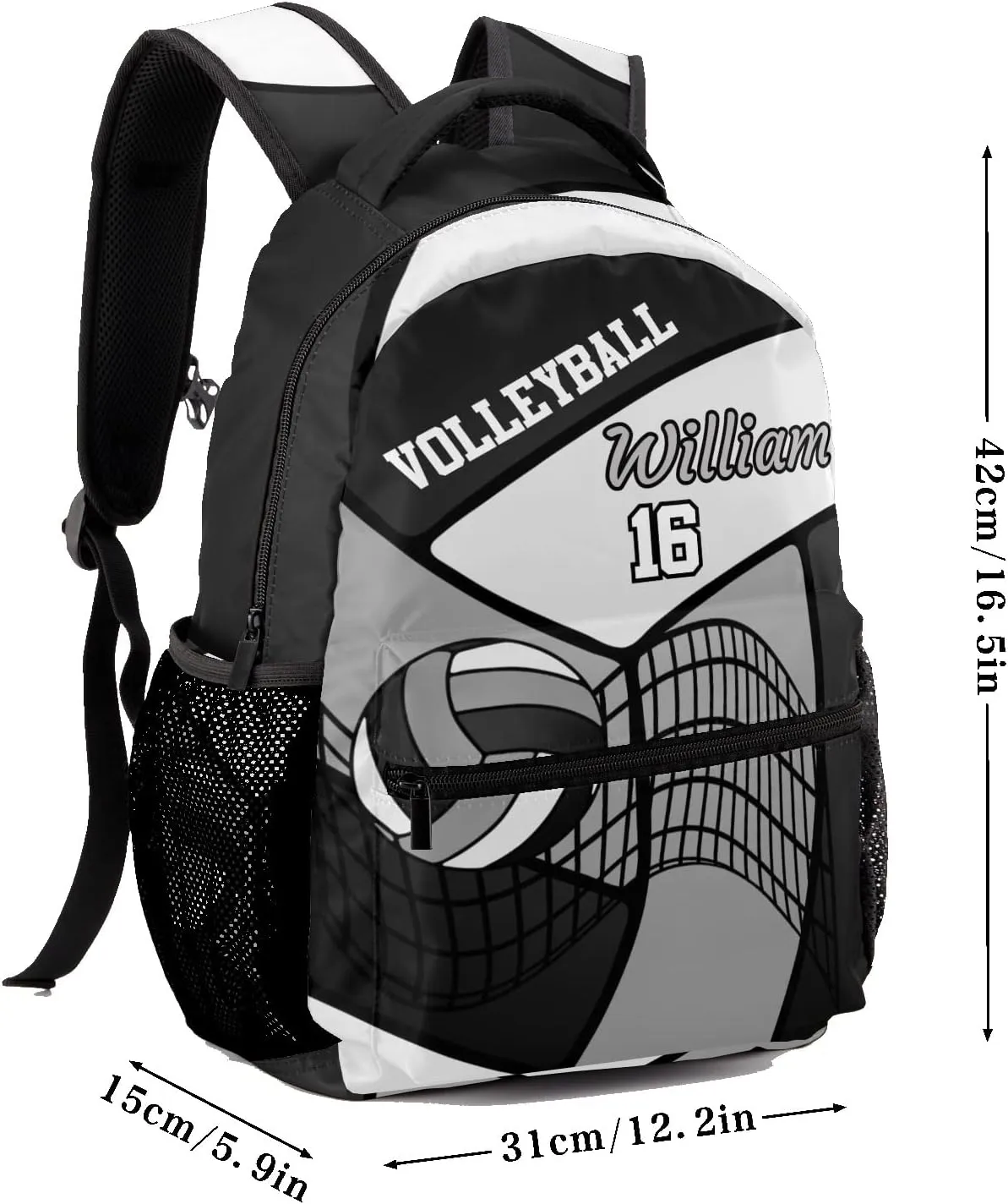 Backpack Custom Name Volleyball Grey Black Fashion Lightweight Waterproof Travel Bag for Family Friends Gifts, 12.2''(L) x 5.9''(W) x 16.5''(H)