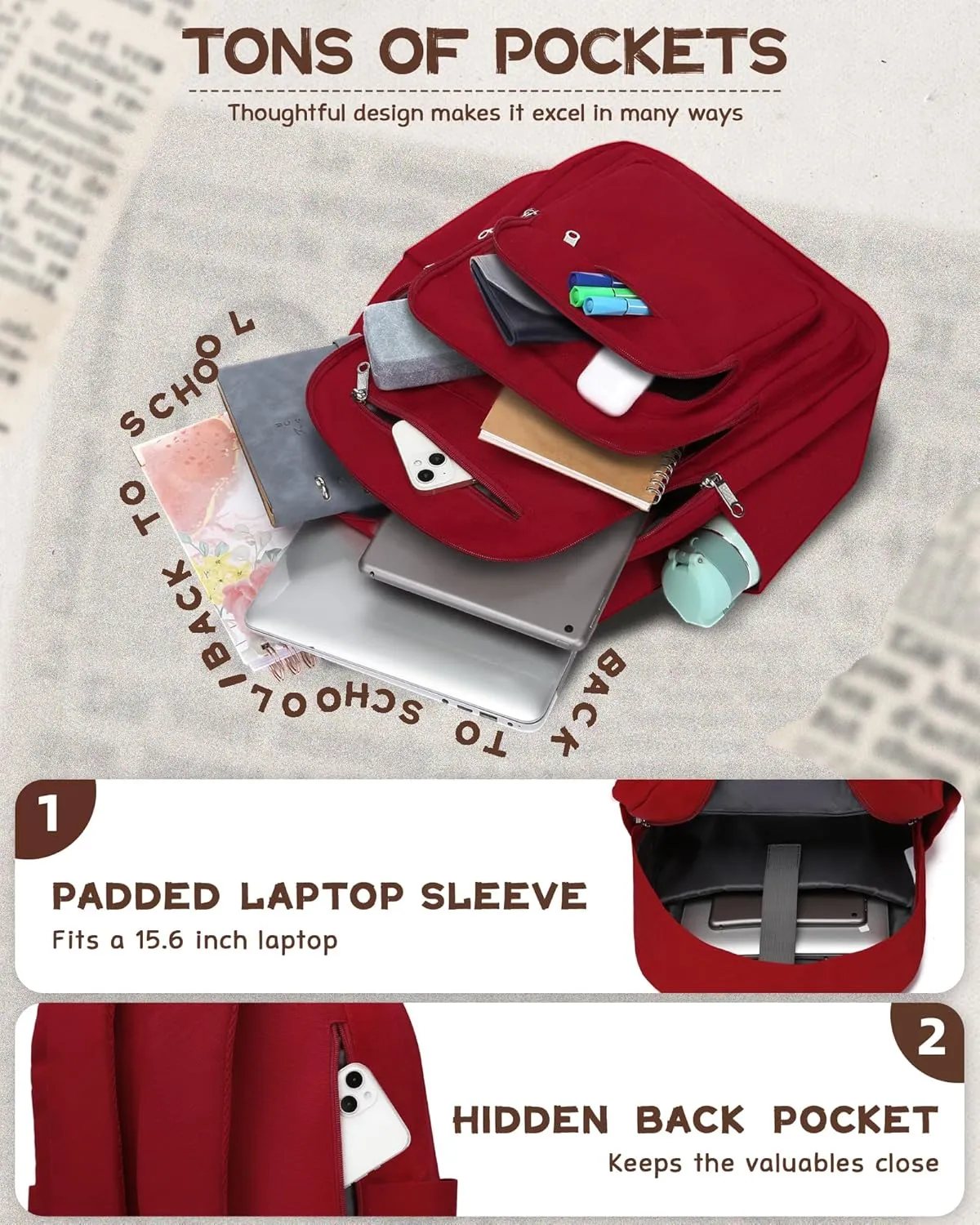 Backpack for Middle High School Teen Boys Girls Large College Bookbag with Laptop Compartment Back to School Book Bags Mochilas Escolares para Niños Niñas Adolescentes (Dark Red, Solid)